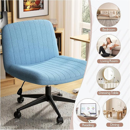 SUNLEI Cross Legged Office Chair, Armless Wide Chair's for Vanity Desk, Criss Cross Comfy Chairs with Back, Desk Chair/s of Height Adjustable Swivel, Light Grey