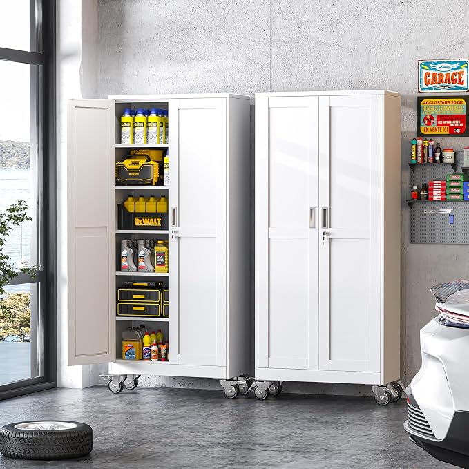 winiowa 75" Tall Metal Garage Storage Cabinet with Wheels, Steel Locking Rolling Tool Cabinet with 5 Adjustable Shelves for Garage,Home,Office (White)
