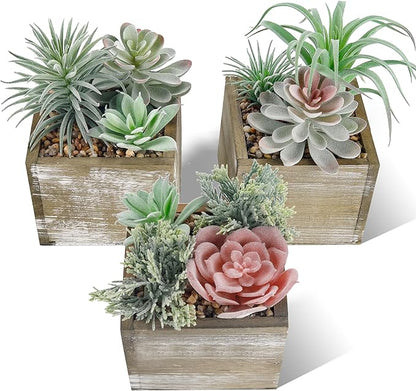 Der Rose Set of 3 Succulents Plants Artificial Fake Plants in Wood Pots with Pink Fake Flowers for Farmhouse Bathroom Desk Sheif Decor