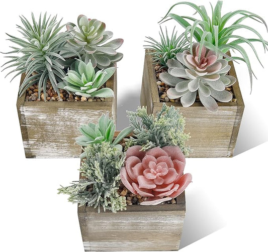 Der Rose Set of 3 Succulents Plants Artificial Fake Plants in Wood Pots with Pink Fake Flowers for Farmhouse Bathroom Desk Sheif Decor