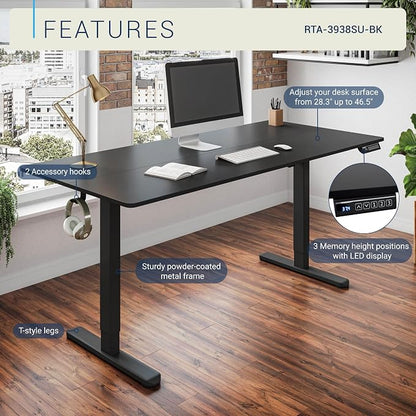 Techni Mobili 55” W Electric Standing Desk, Height Adjustable Sit-to-Stand Desk with 3 Memory Presets and Dual Accessory Hooks, Computer Workstation for Home or Office, Black