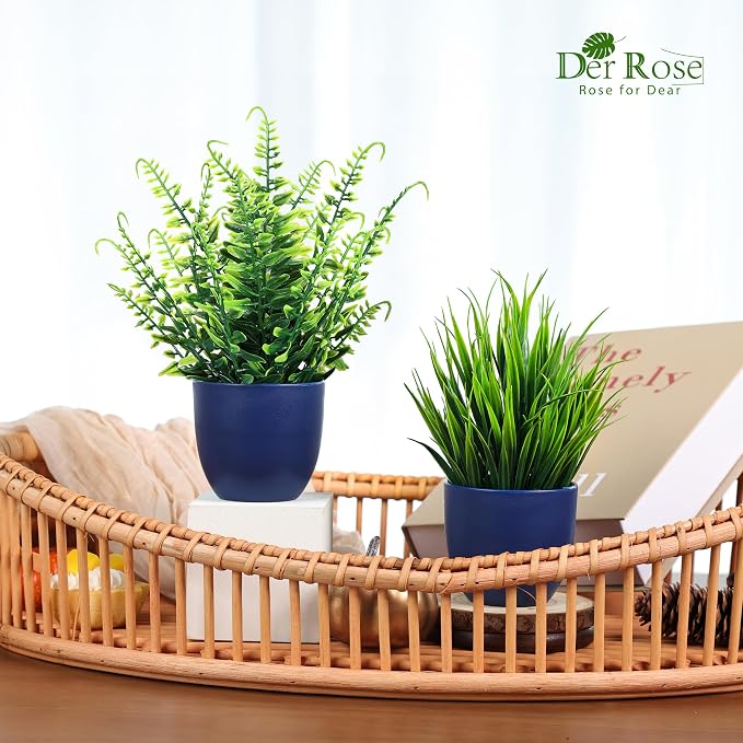 Der Rose 4 Pack Fake Plants Small Artificial Plants for Blue Bathroom Decor | Modern faux plants indoor, suit home kitchen table and bathroom decor accessories, easy-care greenery makes a nice gift