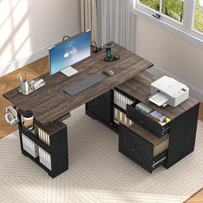 St.Mandyu 55" L Shaped Electric Standing Desk with File Drawer & Sliding Door, Height Adjustable Sit Stand Corner Computer Desk with Power Outlets, Drawers & Cup Holder for Home Office, Black