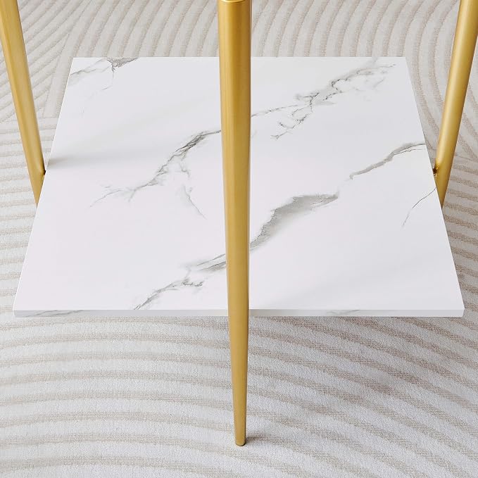 LumFurn Square Glass End Table, Mid-Century Modern Design Sofa Table, for Living Room, L18 x W18 x H23, Clear Glass Top and White Marble MDF Shelf, Sleek Conical Metal Legs with Gold Finish