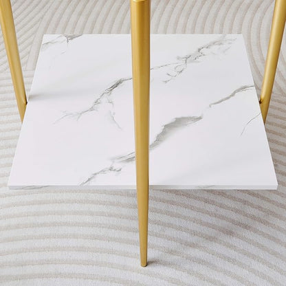 LumFurn Square Glass End Table, Mid-Century Modern Design Sofa Table, for Living Room, L18 x W18 x H23, Clear Glass Top and White Marble MDF Shelf, Sleek Conical Metal Legs with Gold Finish