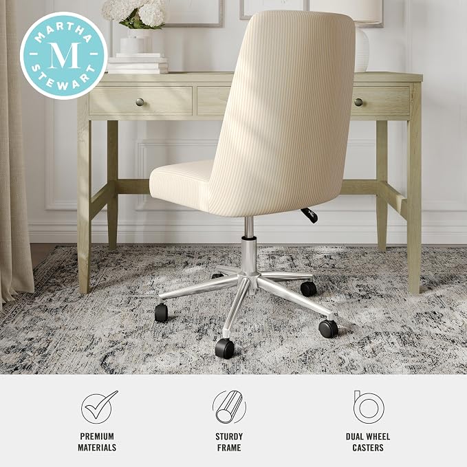 Martha Stewart Maeve Swivel Task Chair with Height Adjustable Seat for Home Office in Beige Stripe Fabric with Polished Nickel Frame