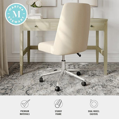 Martha Stewart Maeve Swivel Task Chair with Height Adjustable Seat for Home Office in Beige Stripe Fabric with Polished Nickel Frame