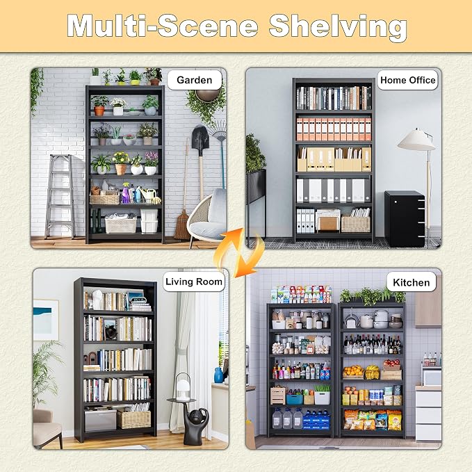 OSEILLC 69" Metal Bookshelf,5 Tier Library Bookcase,Bedroom Bookshelves and Bookcases,Tall Book Case/Shelves for Living Room,Office,Black Large Bearing Book Shelf