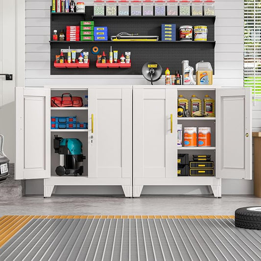 GAIOUS 36" Metal Floor Storage Cabinet, Locked Steel Storage Cabinets with 2 Doors and 2 Adjustable Shelves, White Kitchen Cabinet, Freestanding Cabinet for Home/Office/Garage/Tool Room/Bathroom