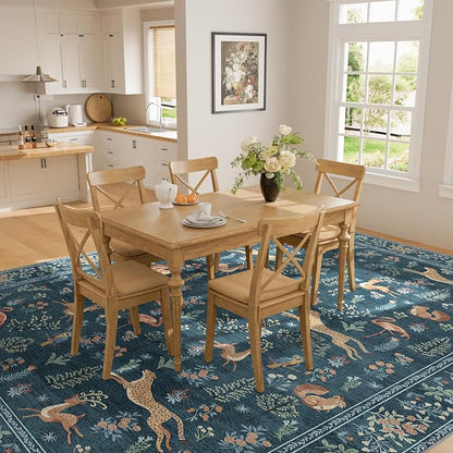 DUKINO 5x7 Rug, Washable Animal Living Room Rug with Non Slip Vintage Design, Soft Low Pile Large Carpet for Bedroom, Nursery, Dining Room, Farmhouse, Playroom, Blue