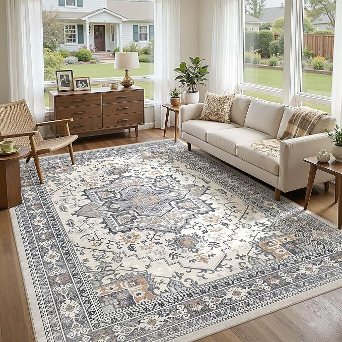 UERMEI 6x9 Area Rug Living Room Rugs - Washable Vintage Soft Large Rug Indoor Floor No Slip Rug Carpet for Bedroom Farmhouse Under Dining Table Home Office Decor - Grey-Orange