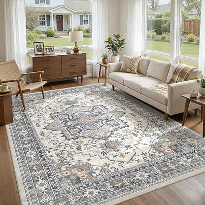 UERMEI 8x10 Area Rug Living Room Rugs - Washable Vintage Soft Large Rug Indoor Floor No Slip Rug Carpet for Bedroom Farmhouse Under Dining Table Home Office Decor - Grey-Orange