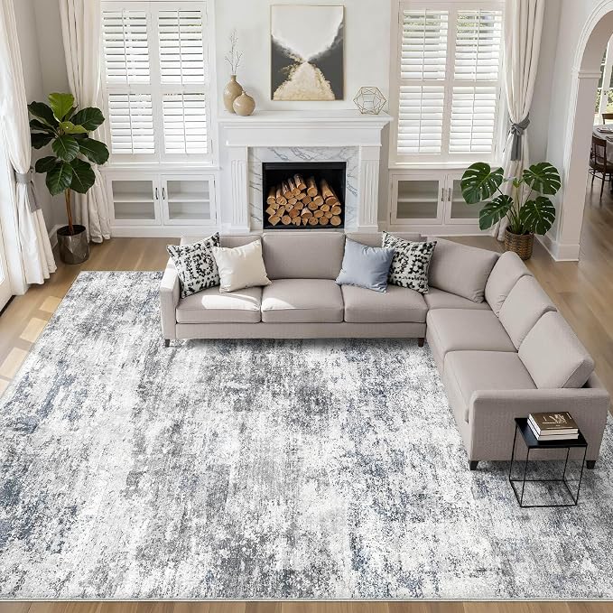 10x14 Area Rugs Living Room: Washable Large Abstract Neutral Modern Soft Rugs Stain Resistant Indoor Floor Non-Slip Accent Carpet for Bedroom Nursery Playroom Office Dining Room Home Decor- Blue Gray
