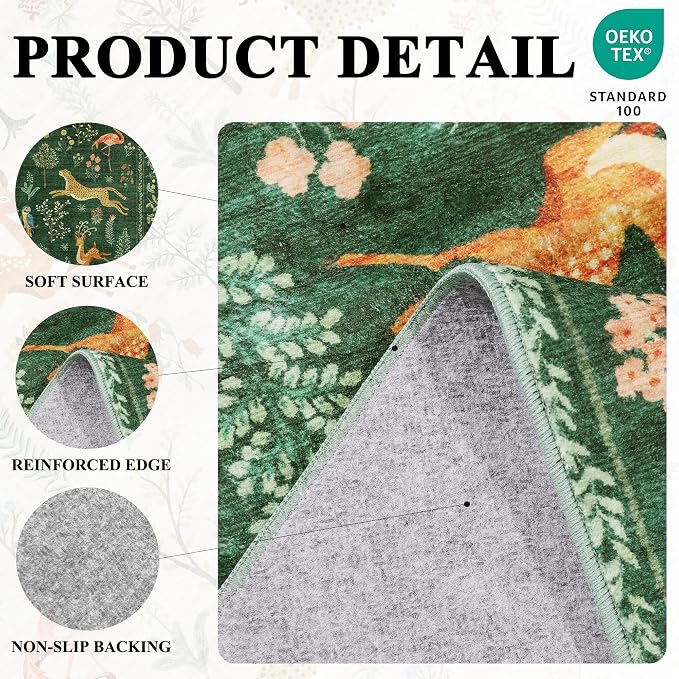 DUKINO 9x12 Rug, Washable Animal Living Room Rug with Non Slip Vintage Design, Soft Low Pile Large Carpet for Bedroom, Nursery, Dining Room, Farmhouse, Playroom, Green