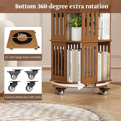 Turosur Rotating Bookshelf with Wheels, 6 Tier Spinning Bookshelf Tower, Solid Wood Revolving Bookcase with Storage for Small Spaces, 360 Display Square Rotating Book Shelf for Living Room, Walnut