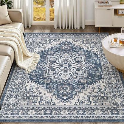 UERMEI 9x12 Area Rug for Living Room - Washable Vintage Carpet, Non-Slip Soft Large Indoor Floor Rugs for Bedroom Home Office & Under Dining Table Decor, Denim Blue/White