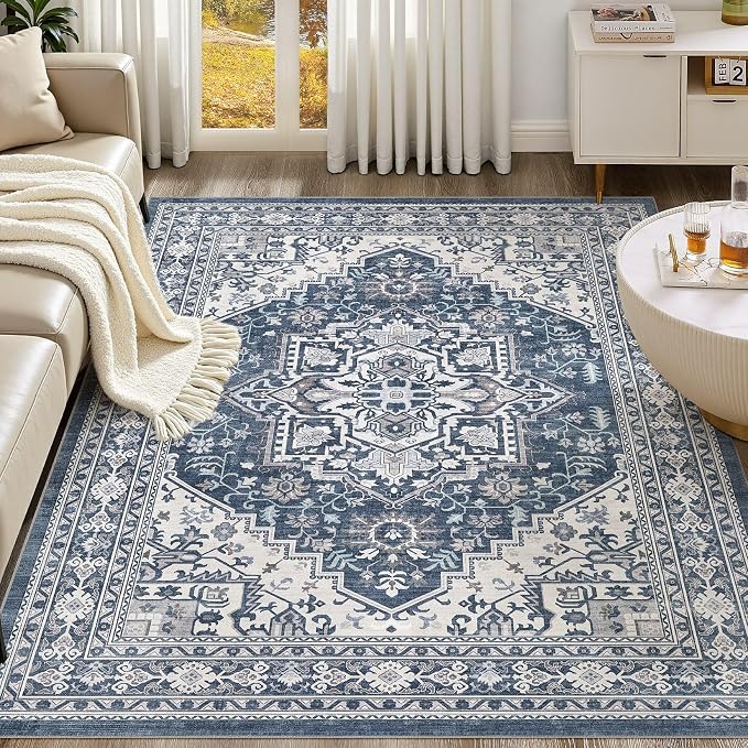 UERMEI 5x7 Area Rug for Living Room - Washable Vintage Carpet, Non-Slip Soft Large Indoor Floor Rugs for Bedroom Home Office & Under Dining Table Decor, Denim Blue/White