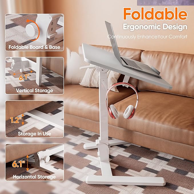Monomi Mobile Folding Desk, Metal Furniture Small Sit-Stand Height Adjustable Rolling Laptop Desk, Space-Saving Portable Desk with Wheels for Home Office Craft & Study, White