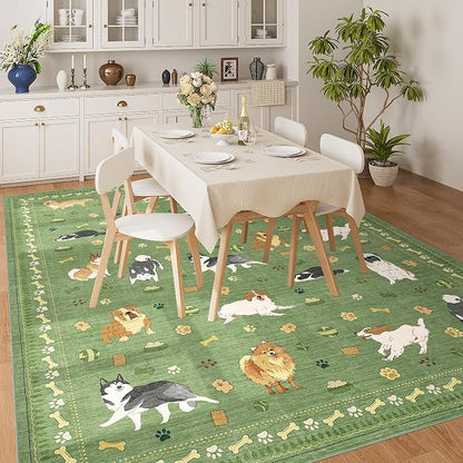 DUKINO 8x10 Area Rug, Non Slip Washable Animal Dog Rug for Living Room, Stain Resistant & Low Pile Indoor Floor Large Carpet for Bedroom, Farmhouse, Nursery, Dining Room, Kids Playroom, Green