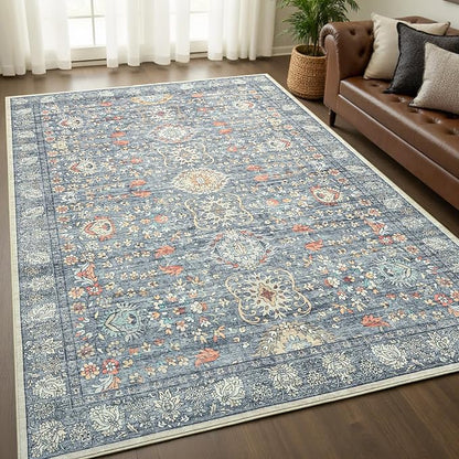 Goideal Washable Rug 5x7, Vintage Area Rugs Non Slip, Indoor Low Pile Carpet with Rubber Backing for Living Room Kitchen Bathroom Entryway Office Bedroom,Grey & Rust