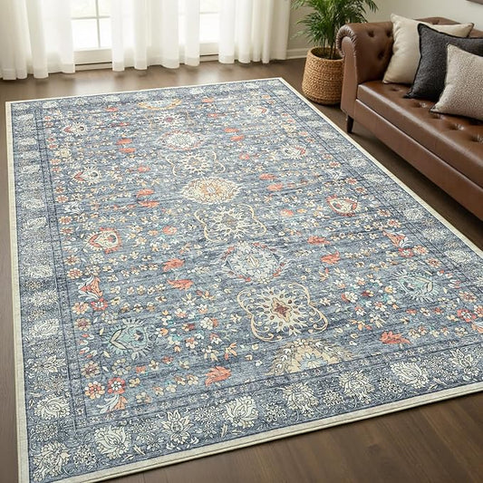 Goideal Washable Rug 5x7, Vintage Area Rugs Non Slip, Indoor Low Pile Carpet with Rubber Backing for Living Room Kitchen Bathroom Entryway Office Bedroom,Grey & Rust
