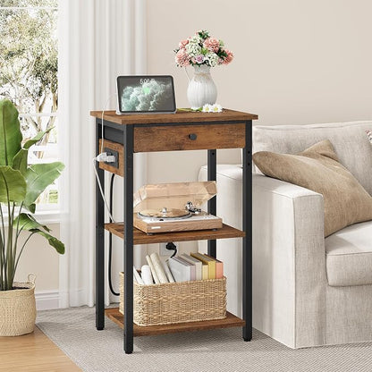 Gewudraw Printer Stand with Charging Station, 3-Tier Under Desk Printer Table, End Table with Storage Shelves for Home Office, Living Room,Bedroom,Bathroom,Brown