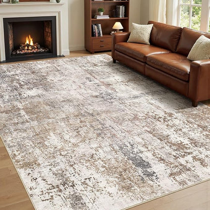 UERMEI Area Rug Living Room Rugs - Washable Neutral Modern Abstract Soft Thin Rug Indoor Floor No Slip Rug Carpet for Bedroom Under Dining Table Home Office Decor - Brown/Grey/Red - 9x12