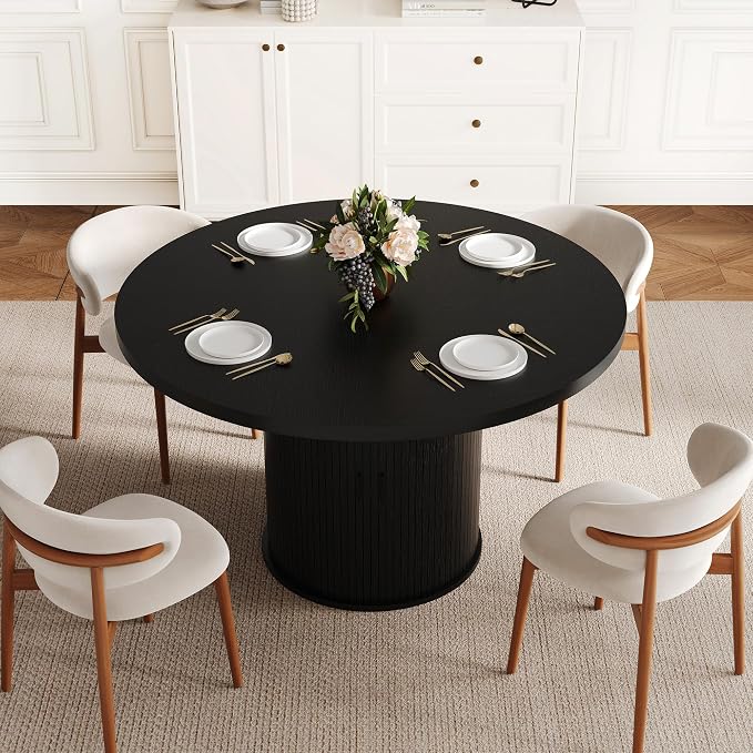 47 inch Round Dining Table for 4-6, Dinner Table with 2-Layer Storage Shelf, Morden Circle Kitchen Table with Wooden Strip Base and Wood Slide Door for Home Dining Room, Living Room, Black