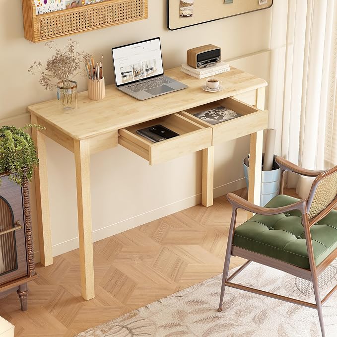 Solid Wooden Desk with Drawers - 39 x 16 Inch Rubberwood Narrow Desks, Simple Modern Study Table, Small Writing Desk for Bedroom|Small Spaces - Natural Boho Desks