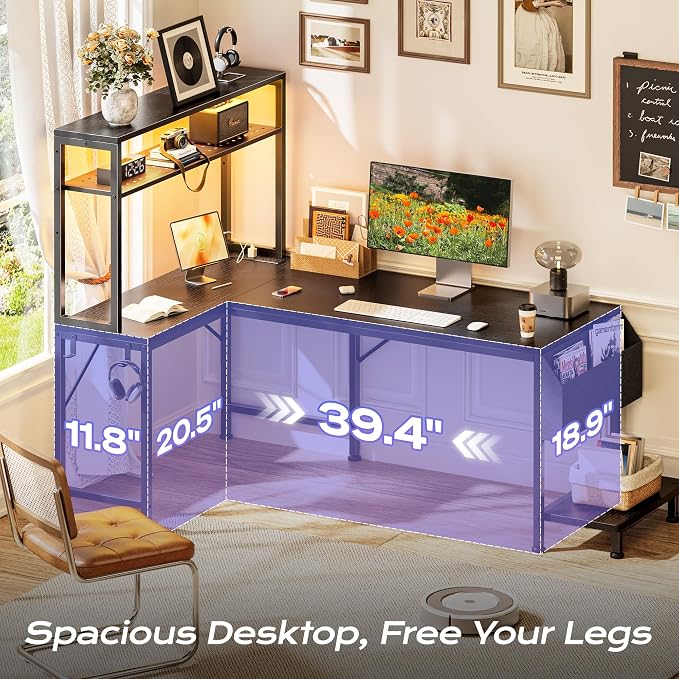 PRAISUN L Shaped Gaming Desk with LED Lights & Power Outlets, Reversible Computer Desk with Storage Shelves & Bag, Large Corner Home Office Desk with Pegboard for Work from Home, Black