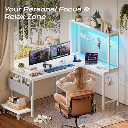 PRAISUN L Shaped Gaming Desk with LED Lights & Power Outlets, Reversible Computer Desk with Storage Shelves & Bag, Large Corner Home Office Desk with Pegboard for Work from Home, White