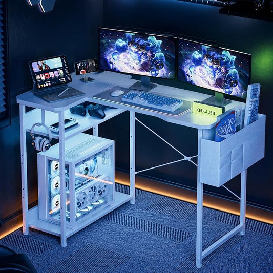 Acrolix L Shaped Gaming Desk 55 Inch - Computer Corner Desk with Power Outlets, Reversible Shelves & Storage Bag for Home Office, PC Gaming Table, White Carbon