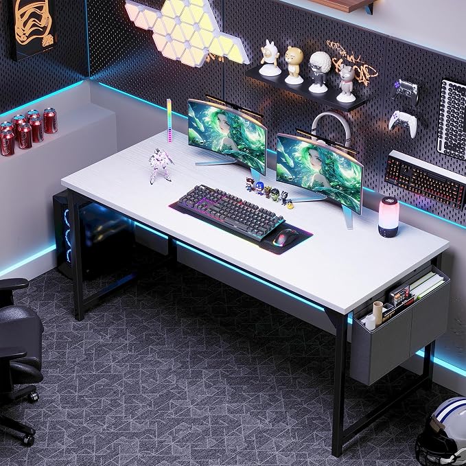 OLIXIS 63 Inch Computer Desk for Home Office, Writing Study Craft Gaming Table, Modern Computer Workstation with Storage Bag for Bedroom Small Spaces, White