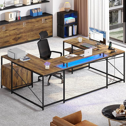 YITAHOME U Shaped Desk with Power Outlets & LED Lights, 79" Reversible L Shaped Desk with Drawers, Corner Computer Desk Office Desk with Monitor Stand & Storage Shelves, Rustic Brown