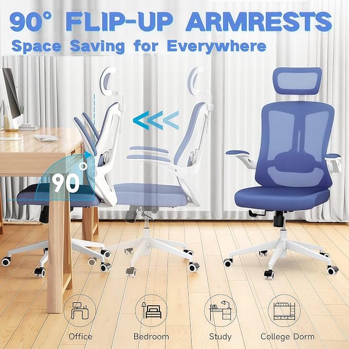 Ergonomic Office Chair - 350LB Comfy Desk Chairs with Adjustable Headrest and Lumbar Back Support, Mesh Computer Chairs with Wheels and Arms for Home Office, Study (Blue-with Headrest)