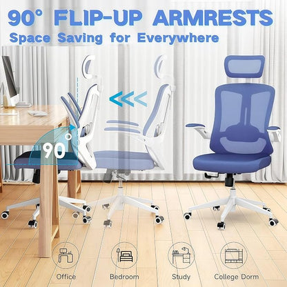 Ergonomic Office Chair - 350LB Comfy Desk Chairs with Adjustable Headrest and Lumbar Back Support, Mesh Computer Chairs with Wheels and Arms for Home Office, Study (Blue-with Headrest)