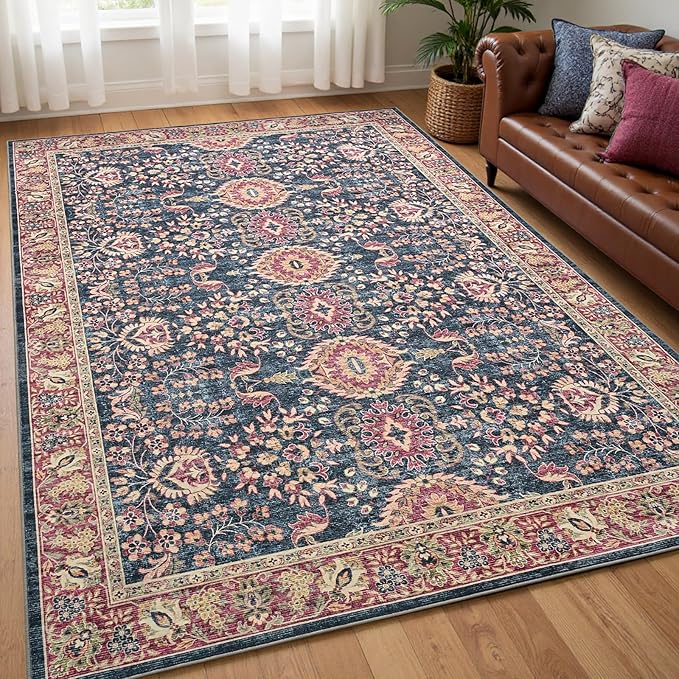 Goideal Washable Rug 4x6, Vintage Area Rugs Non Slip, Indoor Low Pile Carpet with Rubber Backing for Living Room Kitchen Bathroom Entryway Office Bedroom,Deep Navy & Terracotta