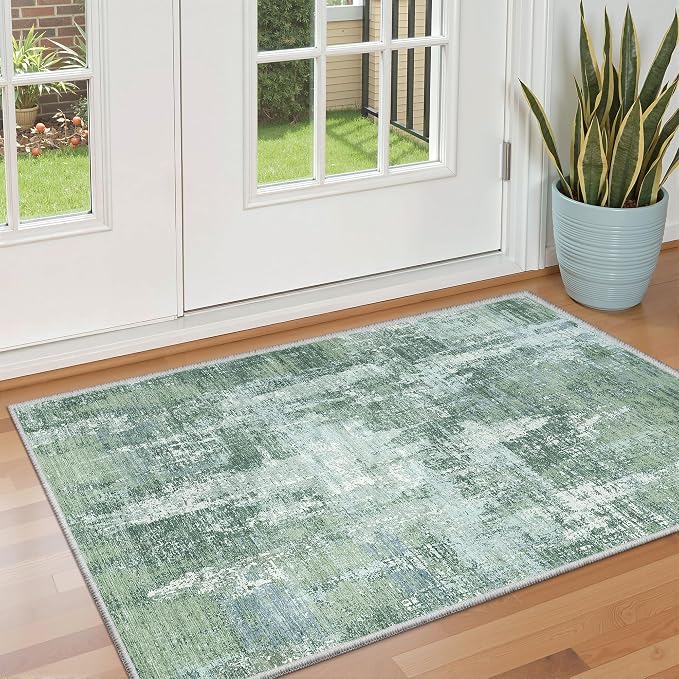 Valenrug Washable Rugs 3x5 - Stain Resistant 3x5 Area Rugs for Living Room, Non Slip Backing Abstract Entryway Rugs for Bedroom, Folable Machine Washable Area Rug(3'x5', Sage Green)