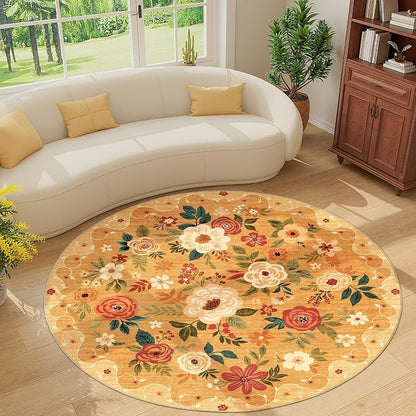 DUKINO Floral Round Rug, 6ft Washable Circle Rug, Non Slip Indoor Low Pile Circle Rug, Soft Small Boho Design Carpet for Bedroom, Entryway, Living Room, Dining Room, Orange