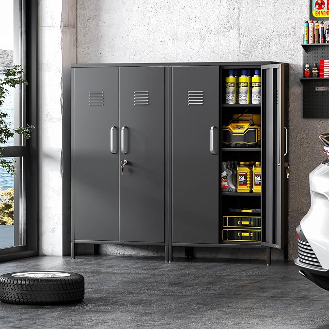 Metal Locker Cabinet, 27" W Bathroom Storage Cabinet, Vertical Steel Storage Cabinet with Locking Door and 3 Adjustable Shelves, Garage Tool File Lockers for Home Office, Garage, Bathroom, Black