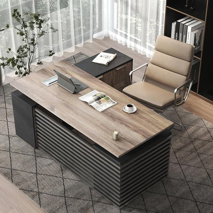 SAINTCY 70.87In L Shaped Executive Standing Desk with Drawers, Large Modern Adjustable Heigh Home Office Desk w/Universal Charging Ports, Business Workstation, Black and Warm Oak