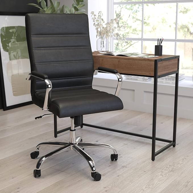 Merrick Lane Milano Contemporary High-Back Black Faux Leather Home Office Chair with Padded Chrome Arms