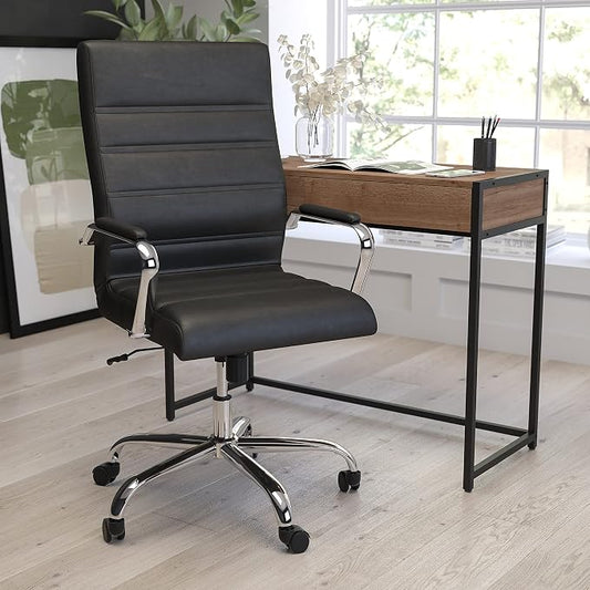 Merrick Lane Milano Contemporary High-Back Black Faux Leather Home Office Chair with Padded Chrome Arms
