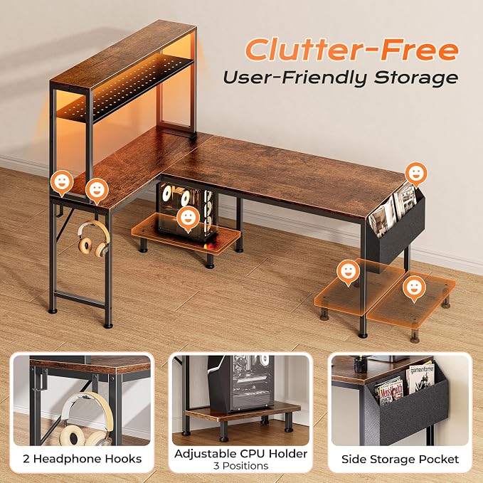 PRAISUN L Shaped Gaming Desk with LED Lights & Power Outlets, Reversible Computer Desk with Storage Shelves & Bag, Large Corner Home Office Desk with Pegboard for Work from Home, Rustic Brown