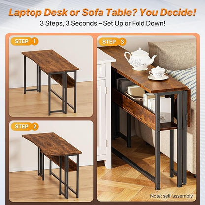 Huuger Folding Desk with Storage Shelf, 47.2 Inch Foldable Computer Table for Small Spaces, Space Saving Sofa Table for Couch, Writing Work Office Computer Desk, Easy to Fold, Rustic Brown