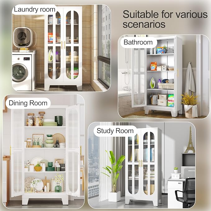 PAOFIN 61.02" Metal Display Storage Cabinet,Tall Kitchen Pantry Cabinets with Acrylic Glass Doors and Adjustable Shelves,Freestanding Storage Cupboard for Kitchen, Living Room(White)