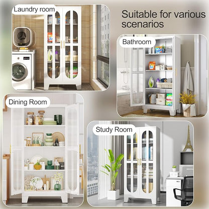 PAOFIN 61.02" Metal Display Storage Cabinet,Tall Kitchen Pantry Cabinets with Acrylic Glass Doors and Adjustable Shelves,Freestanding Storage Cupboard for Kitchen, Living Room(White)