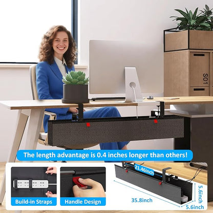 Under Desk Cable Management Tray - Under Desk Cord Management - Clamp/Screw Mount - Fabric Wire Management - Cable Raceways Tray Cord Hiders for Office/Home (Black, 35.8"×5.6")