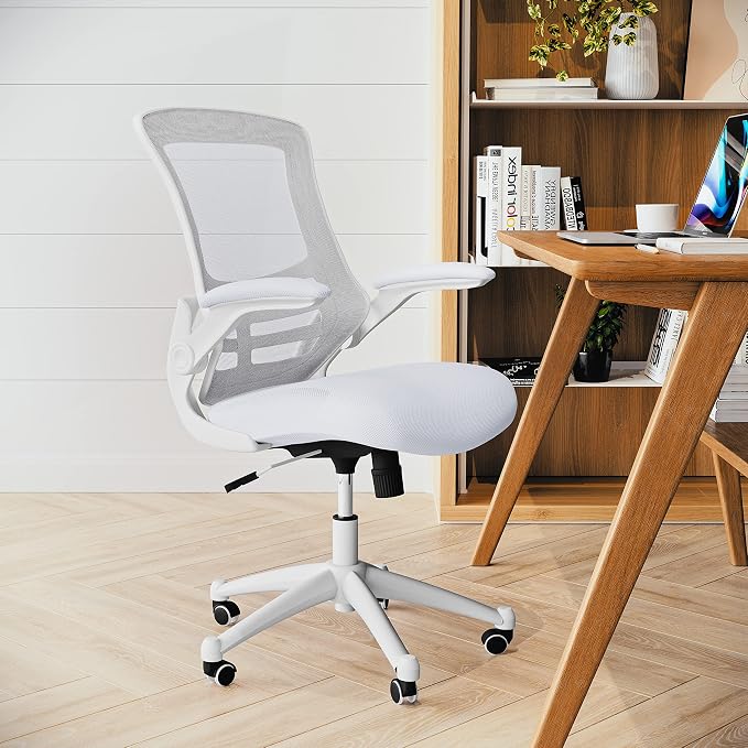 Flash Furniture Kelista Mid-Back Swivel Office Chair with Adjustable Lumbar Support and Seat Height, Ergonomic Mesh Desk Chair with Flip-Up Armrests, White