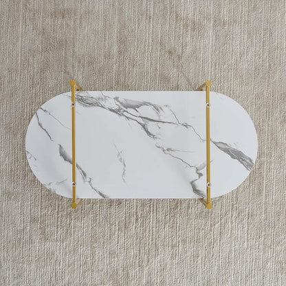 LumFurn Oval Coffee Table, Mid-Century Modern Design, L41 x W21 x H17 inch, for Living Room, Clear Glass Top, White Marble Finish Wood Shelf & Gold Finish Frame
